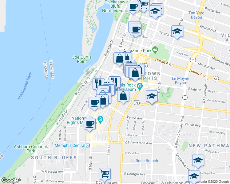 map of restaurants, bars, coffee shops, grocery stores, and more near in Memphis