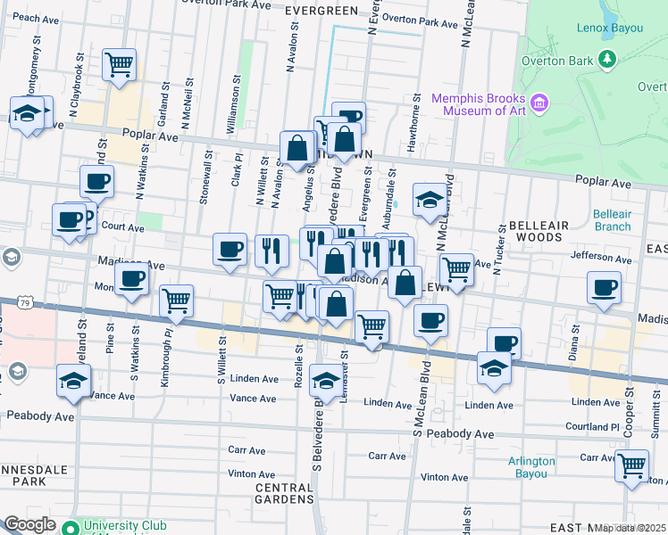 map of restaurants, bars, coffee shops, grocery stores, and more near 44 North Belvedere Boulevard in Memphis