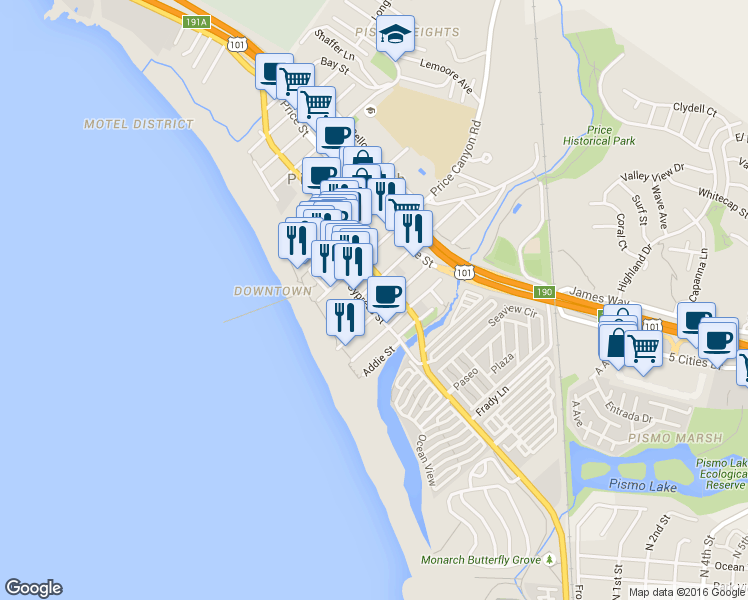 map of restaurants, bars, coffee shops, grocery stores, and more near 299 Stimson Ave in Pismo Beach