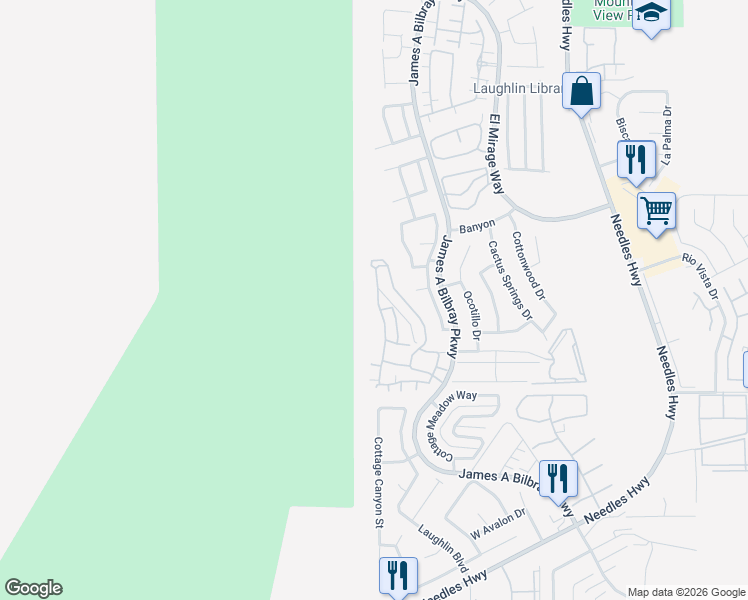 map of restaurants, bars, coffee shops, grocery stores, and more near 3183 Partridge Run Street in Laughlin