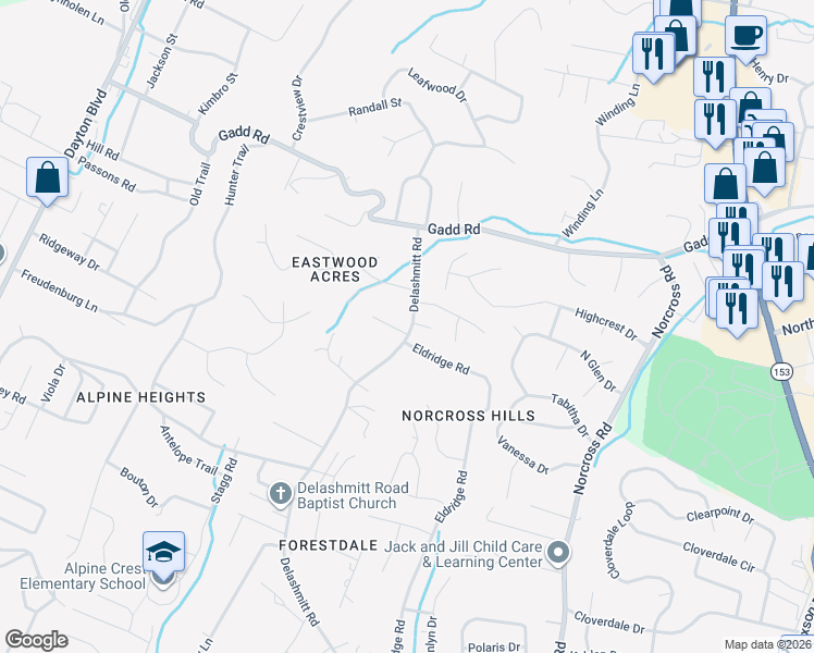 map of restaurants, bars, coffee shops, grocery stores, and more near 600 Mountain Wood Drive in Chattanooga
