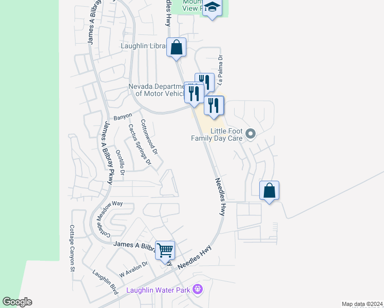 map of restaurants, bars, coffee shops, grocery stores, and more near 3301 Needles Highway in Laughlin