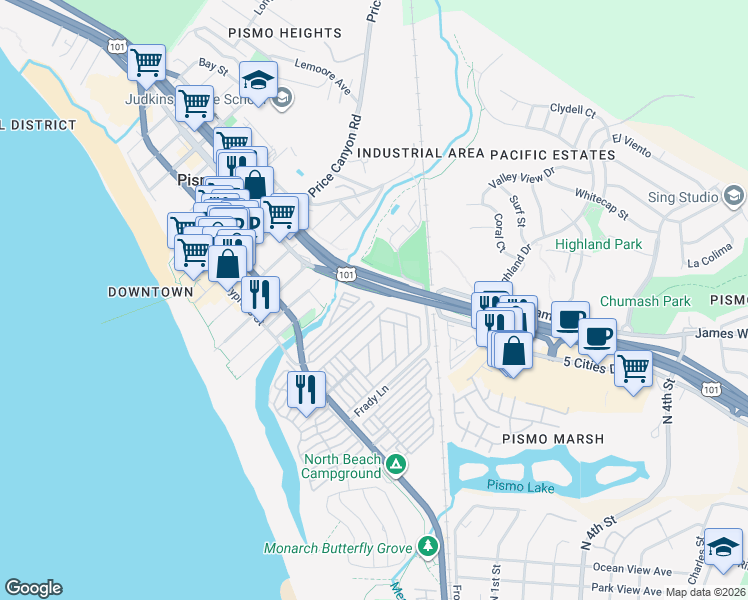 map of restaurants, bars, coffee shops, grocery stores, and more near El Camino Real in Pismo Beach
