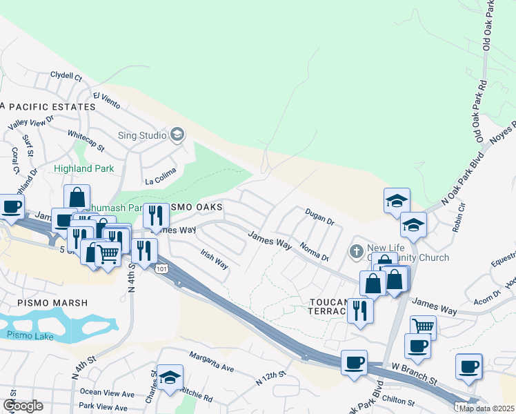 map of restaurants, bars, coffee shops, grocery stores, and more near 760 Shamrock Lane in Pismo Beach