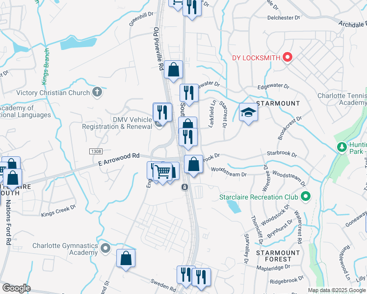 map of restaurants, bars, coffee shops, grocery stores, and more near 5831 East West T Harris Boulevard in Charlotte