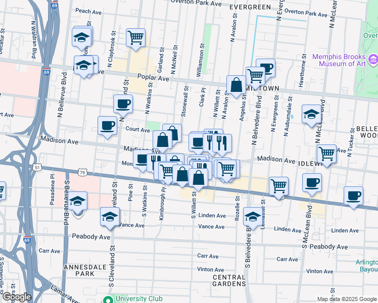 map of restaurants, bars, coffee shops, grocery stores, and more near 1524 Madison Avenue in Memphis