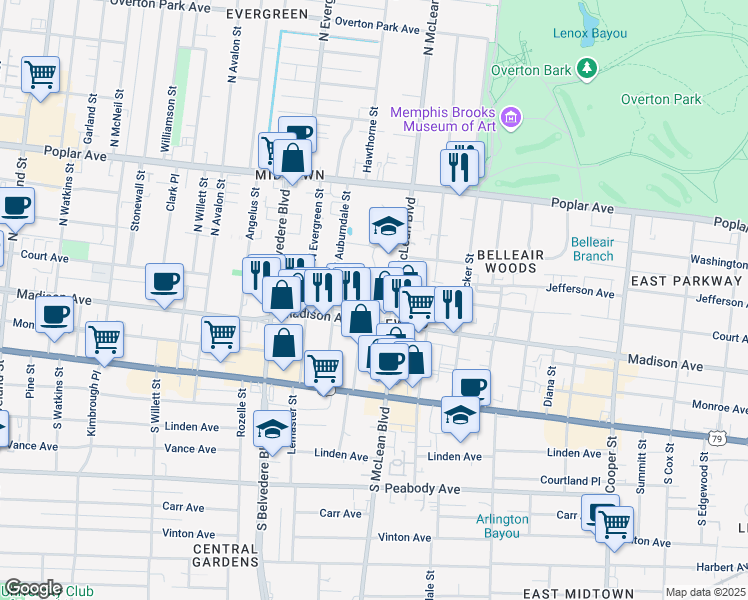 map of restaurants, bars, coffee shops, grocery stores, and more near 35 North McLean Boulevard in Memphis