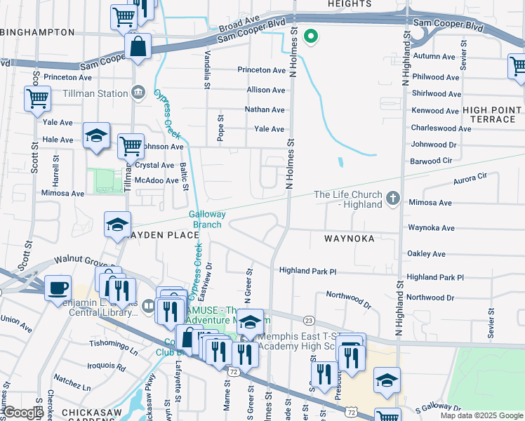 map of restaurants, bars, coffee shops, grocery stores, and more near 3240 North Waynoka Circle in Memphis