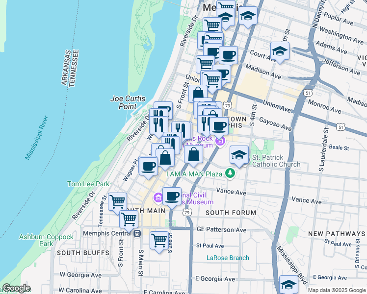 map of restaurants, bars, coffee shops, grocery stores, and more near 272 South Main Street in Memphis