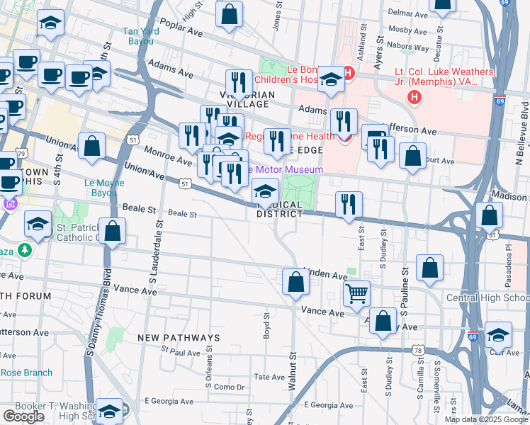 map of restaurants, bars, coffee shops, grocery stores, and more near 737 Union Avenue in Memphis