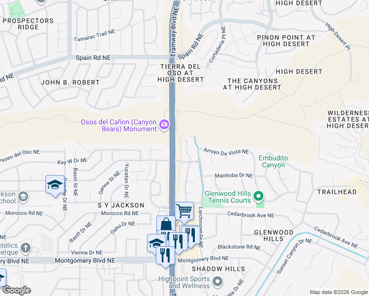 map of restaurants, bars, coffee shops, grocery stores, and more near 5185 Glenwood Pointe Lane Northeast in Albuquerque
