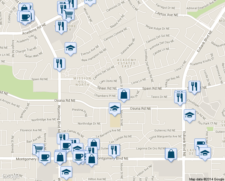 map of restaurants, bars, coffee shops, grocery stores, and more near 8901 Spain Road Northeast in Albuquerque