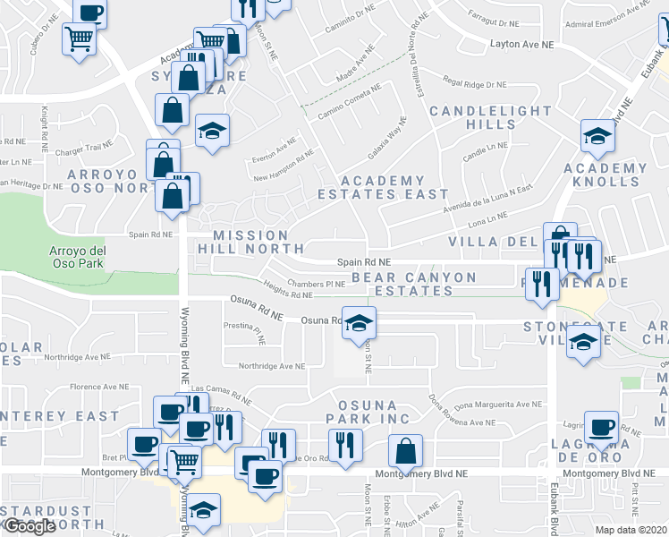 map of restaurants, bars, coffee shops, grocery stores, and more near 8901 Spain Road Northeast in Albuquerque