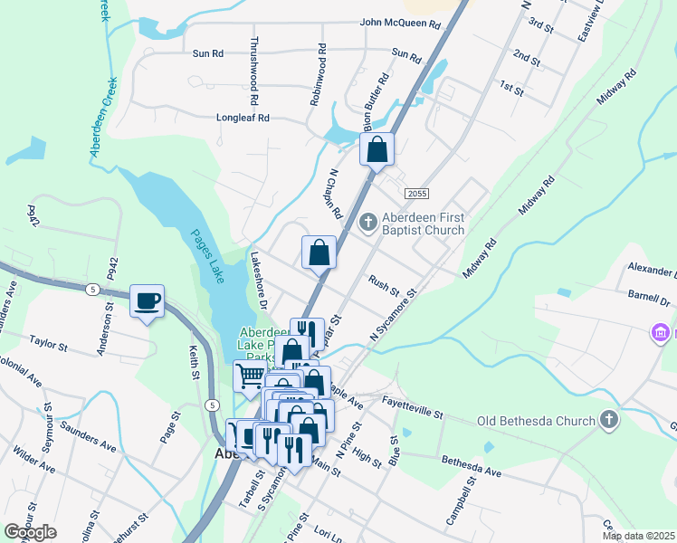 map of restaurants, bars, coffee shops, grocery stores, and more near 510 U.S. Route 1 in Southern Pines
