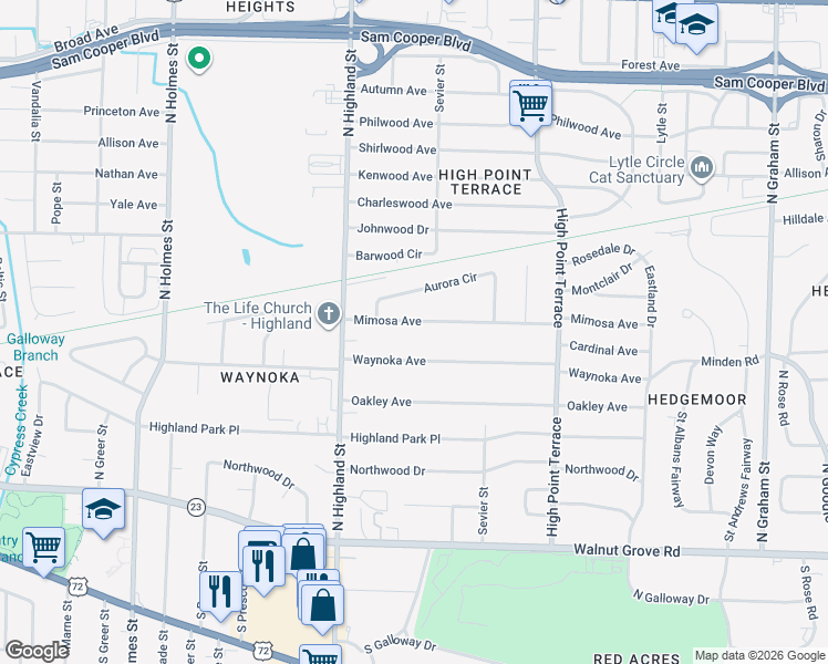 map of restaurants, bars, coffee shops, grocery stores, and more near 3598 Mimosa Avenue in Memphis