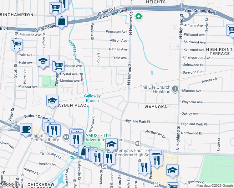 map of restaurants, bars, coffee shops, grocery stores, and more near 3240 North Waynoka Circle in Memphis