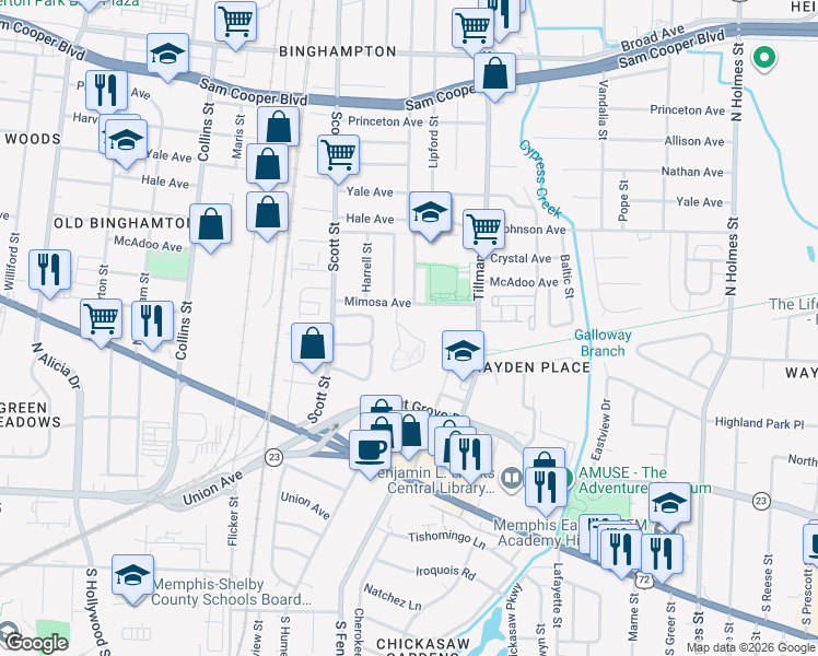 map of restaurants, bars, coffee shops, grocery stores, and more near 203 East Red Oak Drive in Memphis