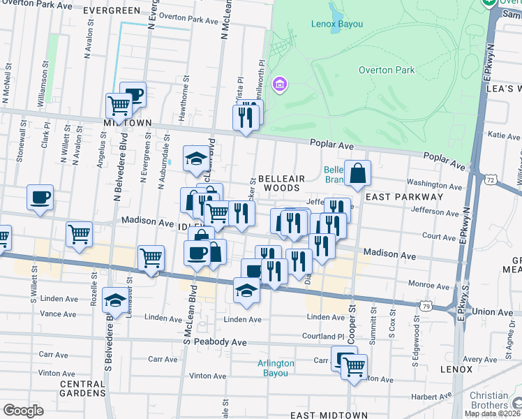 map of restaurants, bars, coffee shops, grocery stores, and more near 1965 Jefferson Avenue in Memphis