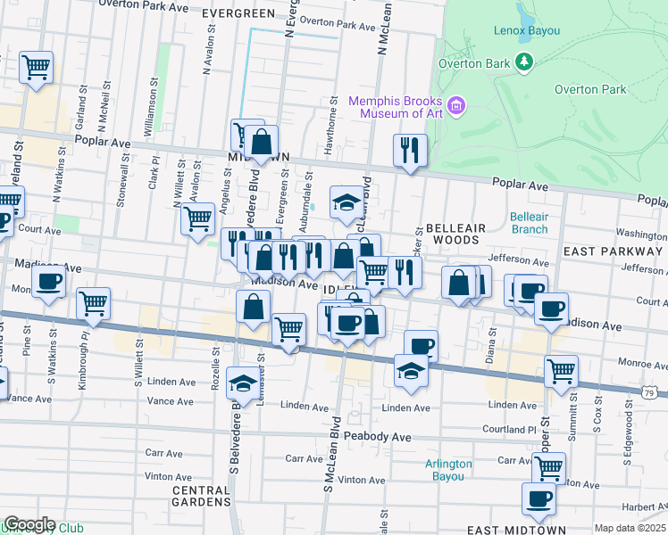 map of restaurants, bars, coffee shops, grocery stores, and more near 35 North McLean Boulevard in Memphis