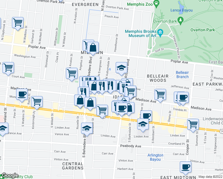 map of restaurants, bars, coffee shops, grocery stores, and more near 35 North Idlewild Street in Memphis