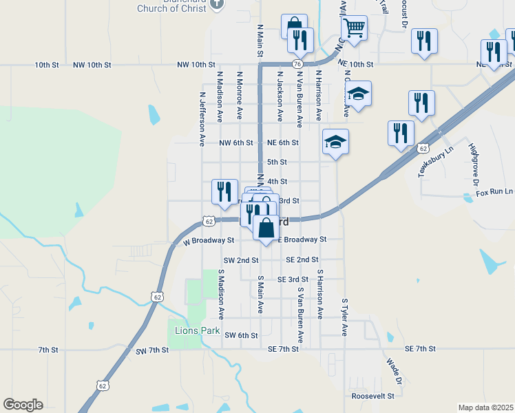 map of restaurants, bars, coffee shops, grocery stores, and more near 302 North Monroe Avenue in Blanchard
