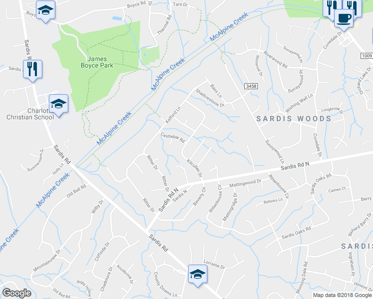 map of restaurants, bars, coffee shops, grocery stores, and more near 7216 Kilcullen Drive in Charlotte