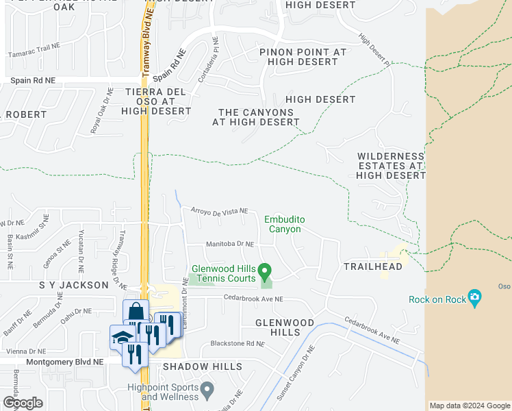 map of restaurants, bars, coffee shops, grocery stores, and more near 13035 Arroyo De Vista Northeast in Albuquerque
