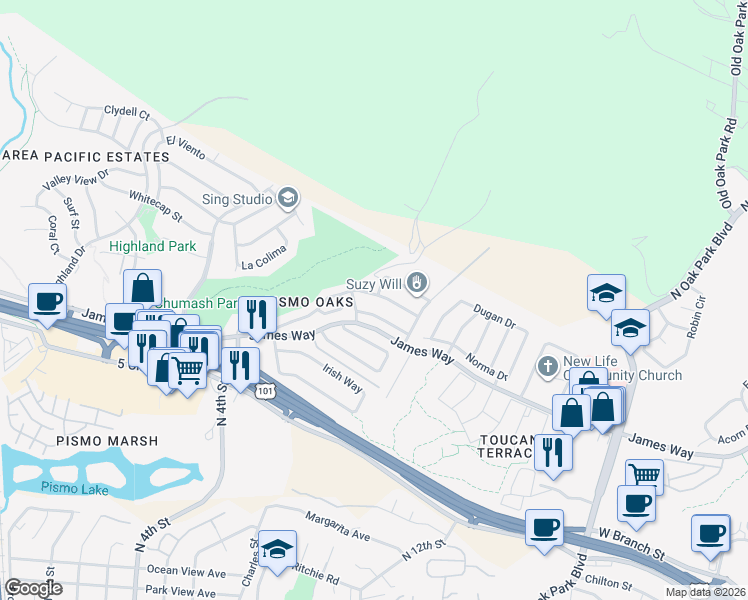 map of restaurants, bars, coffee shops, grocery stores, and more near 741 Panorama Drive in Pismo Beach
