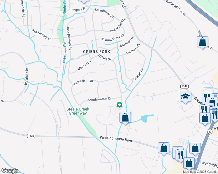 map of restaurants, bars, coffee shops, grocery stores, and more near 11924 Antebellum Drive in Charlotte