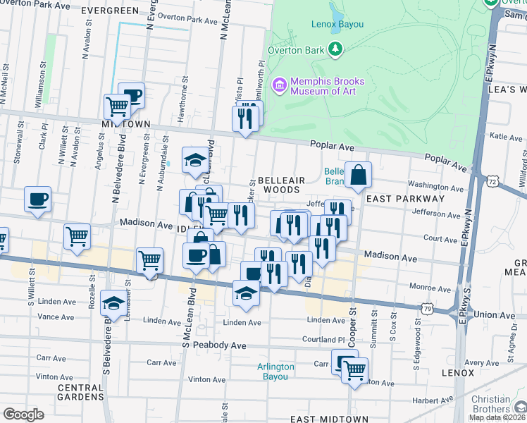 map of restaurants, bars, coffee shops, grocery stores, and more near 1965 Jefferson Avenue in Memphis