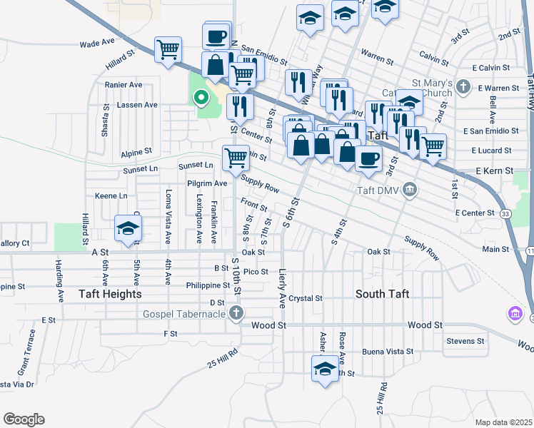 map of restaurants, bars, coffee shops, grocery stores, and more near 701 Front Street in Taft