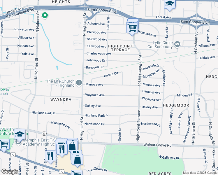 map of restaurants, bars, coffee shops, grocery stores, and more near 3609 Mimosa Avenue in Memphis