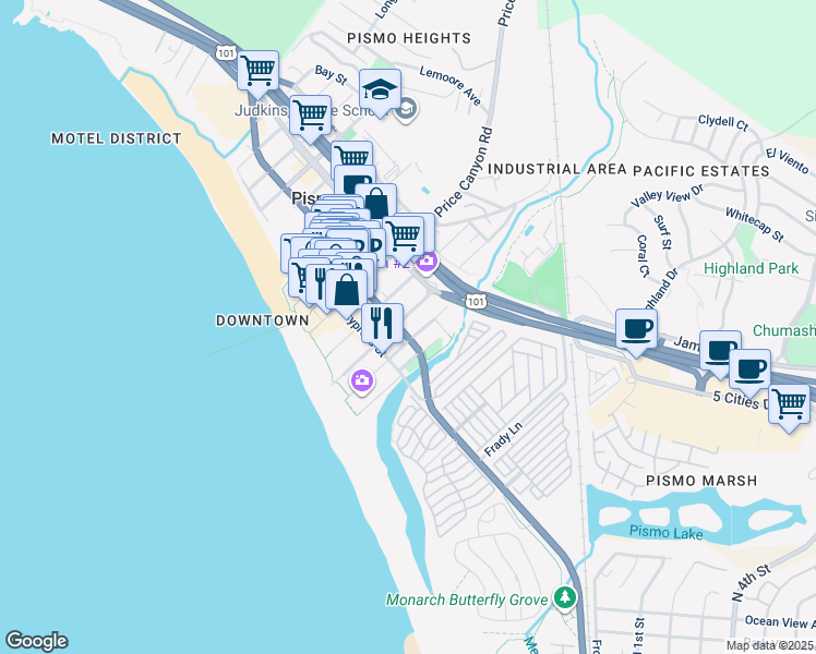 map of restaurants, bars, coffee shops, grocery stores, and more near 390 Dolliver Street in Pismo Beach