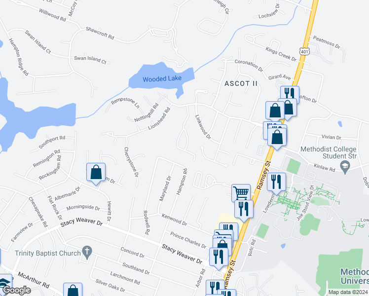 map of restaurants, bars, coffee shops, grocery stores, and more near 363 Bubble Creek Court in Fayetteville