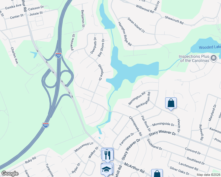 map of restaurants, bars, coffee shops, grocery stores, and more near 5312 Bluewater Pl in Fayetteville