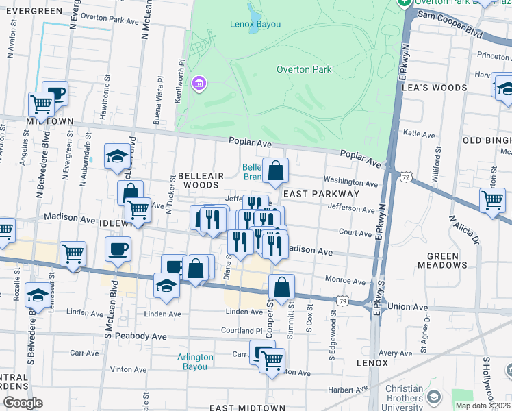map of restaurants, bars, coffee shops, grocery stores, and more near 2093 Jefferson Avenue in Memphis
