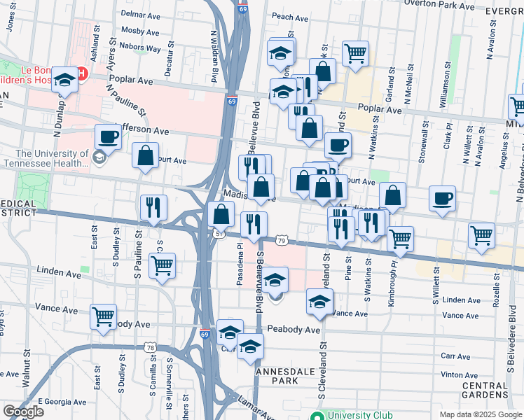 map of restaurants, bars, coffee shops, grocery stores, and more near 1225 Madison Avenue in Memphis