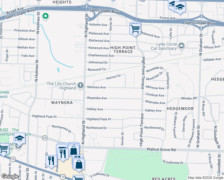 map of restaurants, bars, coffee shops, grocery stores, and more near 3611 Mimosa Avenue in Memphis