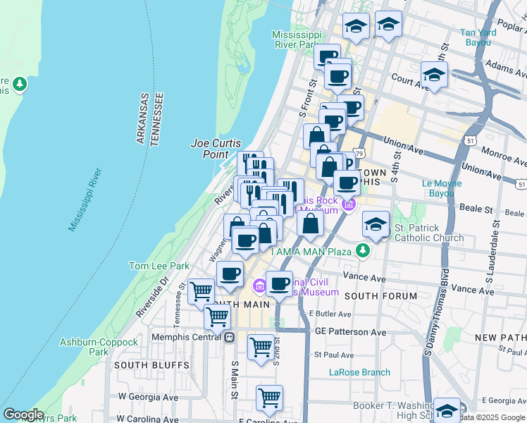 map of restaurants, bars, coffee shops, grocery stores, and more near 290 South Front Street in Memphis