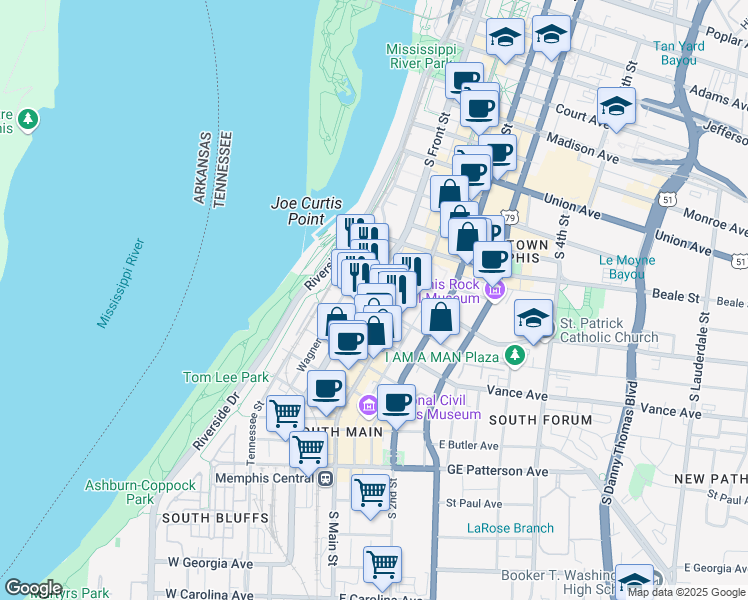 map of restaurants, bars, coffee shops, grocery stores, and more near 290 South Front Street in Memphis