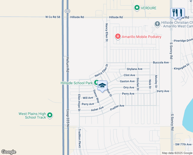 map of restaurants, bars, coffee shops, grocery stores, and more near 6805 Nancy Ellen Street in Amarillo