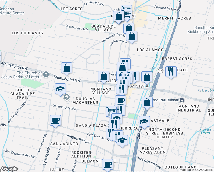 map of restaurants, bars, coffee shops, grocery stores, and more near 531 Montaño Road Northwest in Albuquerque