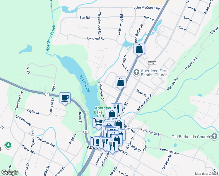 map of restaurants, bars, coffee shops, grocery stores, and more near 405 Elm Street in Aberdeen