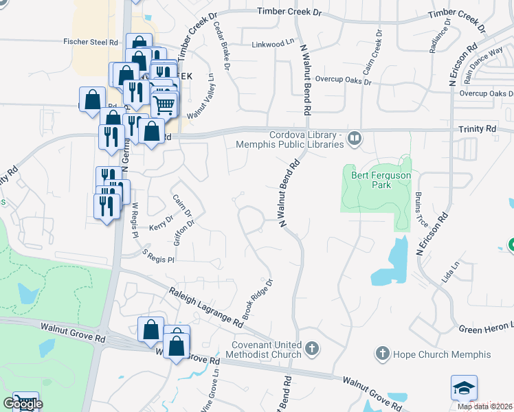 map of restaurants, bars, coffee shops, grocery stores, and more near 8293 Cedar Trail Cove in Memphis