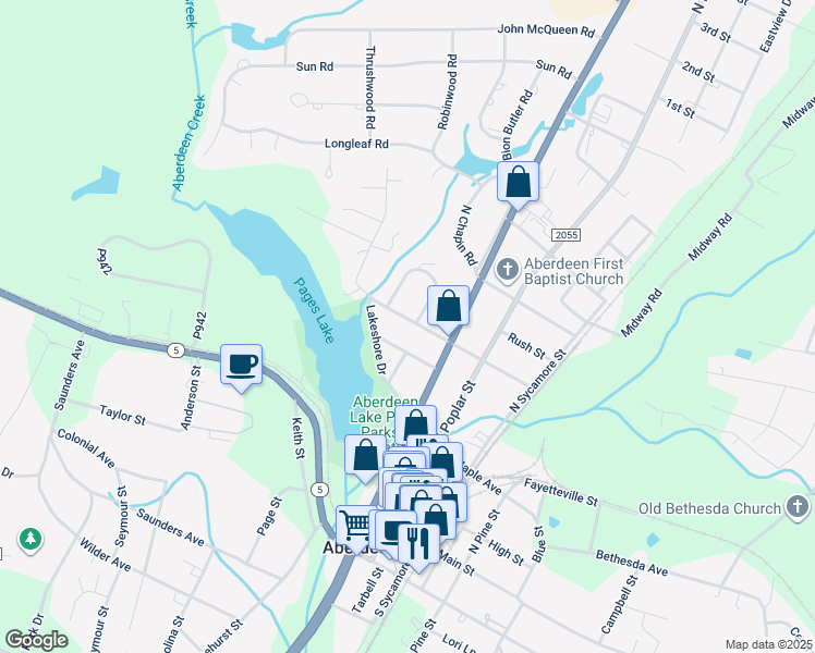 map of restaurants, bars, coffee shops, grocery stores, and more near 405 Elm Street in Aberdeen