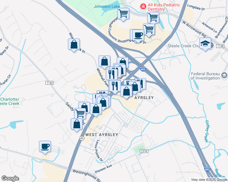 map of restaurants, bars, coffee shops, grocery stores, and more near S Tryon St & Whitehall Park Dr in Charlotte
