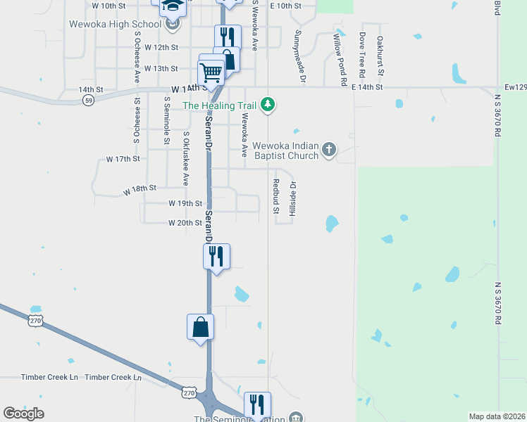 map of restaurants, bars, coffee shops, grocery stores, and more near 1909 Redbud Street in Wewoka