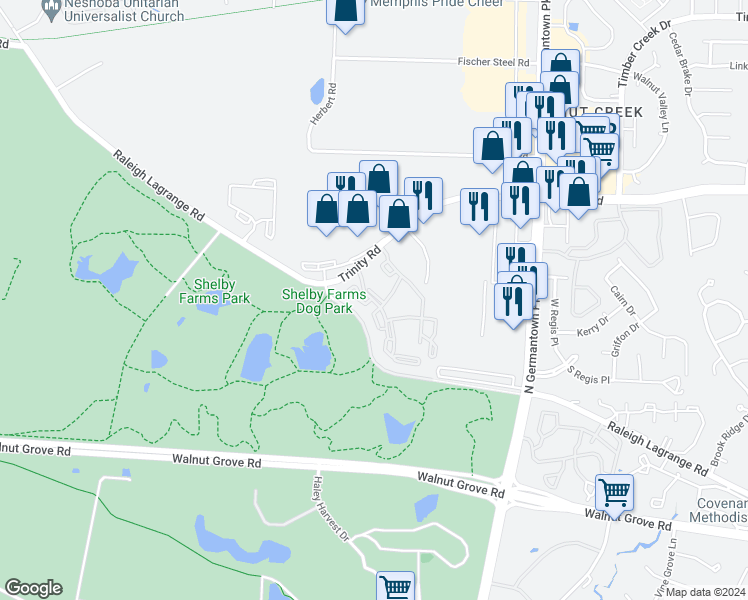 map of restaurants, bars, coffee shops, grocery stores, and more near Shelby Grove Drive in Memphis