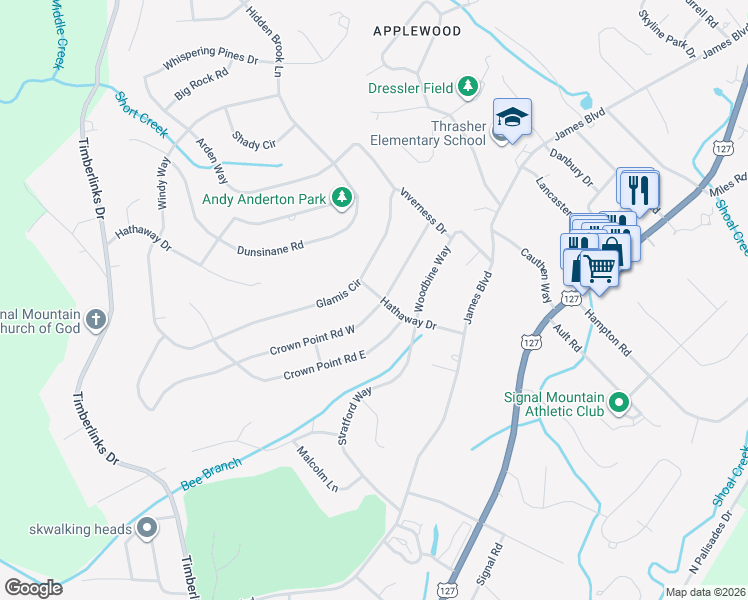 map of restaurants, bars, coffee shops, grocery stores, and more near 1100 Crown Point Road West in Signal Mountain