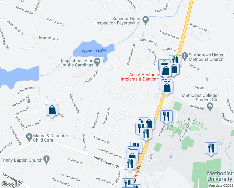 map of restaurants, bars, coffee shops, grocery stores, and more near 5553 Hartfield Court in Fayetteville